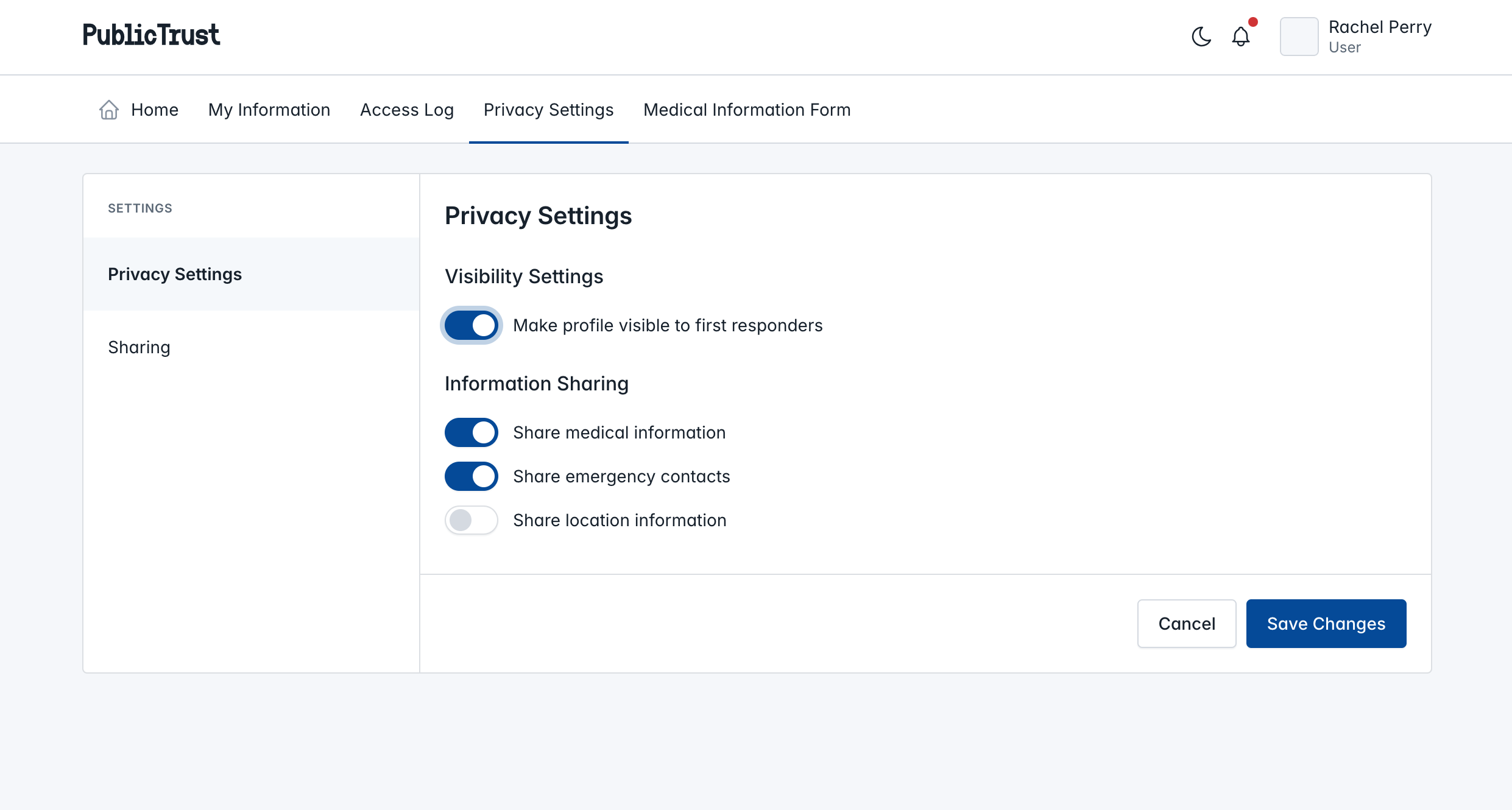 PublicTrust Privacy Settings Screenshot